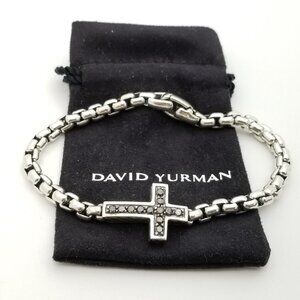 David Yurman Sterling Silver Black Diamonds Cross 8" Inch Box Chain Bracelet